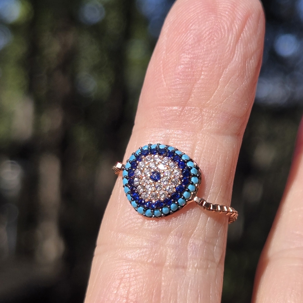 Sapphire Turquoise & Topaz Sterling & Gold Evil eye adjustable ring - Picture 5 of 10